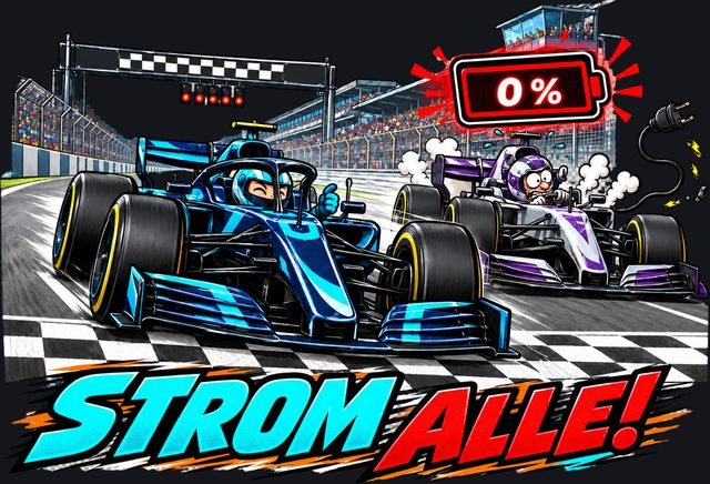 DTF-Motiv: Comic-Illustration „Strom alle!“ mit zwei Rennwagen und leerer Batterie-Anzeige