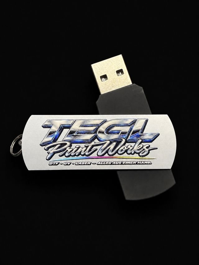 UV-bedruckter USB-Stick mit Tegl Print Works Logo, mit Schlüsselring